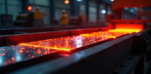 Red hot steel sheet transported on industrial conveyor , factory, steel