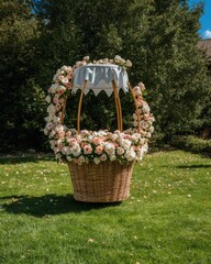 Whimsical floral hot air balloon basket centerpiece adorned with delicate roses set on lush green