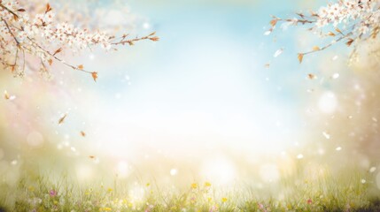Fototapeta premium Springtime Serenity: A delicate blossom-filled tree gracefully frames a vivid sky. Sunlight bathes a lush meadow of new life, capturing the essence of rebirth.