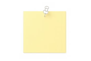 Square yellow sticky note paper with a pushpin, pinning blank message or reminder on transparent background