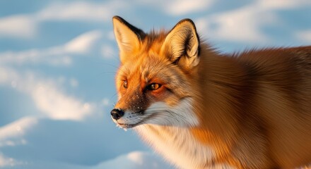 Obraz premium Red Fox in Snowy Landscape, Winter Wildlife Portrait, Golden Hour Light