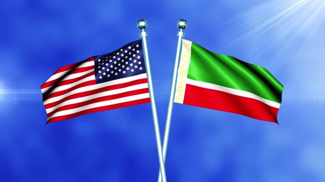 USA and Chechen Republic Flag Waving On Pole Loop