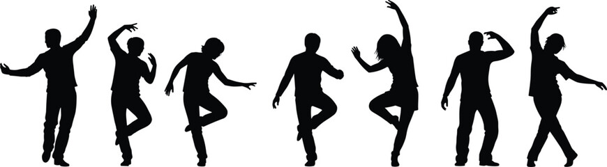 Obraz premium Collection of dancing people silhouettes, men and women in motion poses, isolated vector illustration, dance club party figures set.