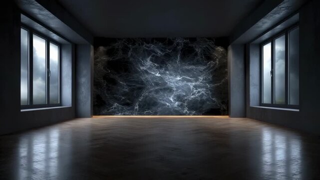 An empty dark room with a polished herringbone floor two large windows and a black veined marble feature wall