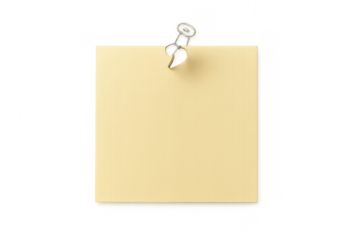 Blank yellow sticky note holding an important message or reminder, pinned with a clear pushpin on a transparent background