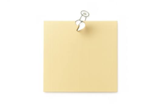 Blank yellow sticky note holding an important message or reminder, pinned with a clear pushpin on a transparent background
