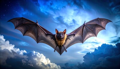 A bat with wings outstretched against a vibrant, swirling, cloud-filled sky. The mammal appears to be in mid-flight