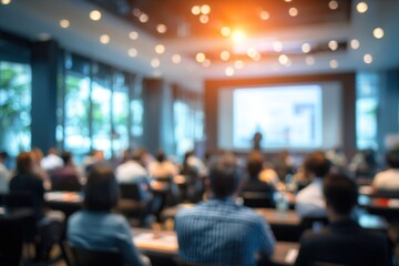 Blurred image of education people and business people sitting in conference room for profession seminar and the speaker is presenting new technology and idea sharing with the content activity.