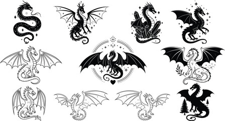 Fantasy dragon silhouette vector set with wings, crystals, stars, trees, and mythical poses for magical, decorative, and creature-themed design © anisur-creatives