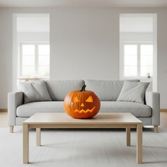 Lit jack-o'-lantern on a light wood coffee table in a modern, minimal living room interior
