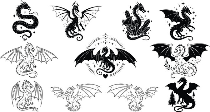 Fantasy dragon silhouette vector set with wings, crystals, stars, trees, and mythical poses for magical, decorative, and creature-themed design