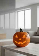 Glowing happy jack-o'-lantern on a coffee table in a bright, modern, minimalist home
