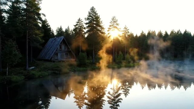 Serene forest cabin by misty lake at sunrise golden hour sun rays through pine trees reflecting in calm water tranquil nature escape