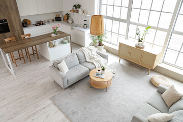 Interior of light studio apartment with sofas, tables and kitchen counters