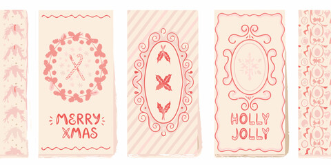 Charming pink christmas card designs featuring wreaths candy canes holly and snowflakes