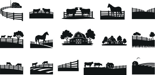 Farm landscape silhouette vector set with barns, cows, horses, fences, and trees for rural nature illustration and countryside design elements © anisur-creatives