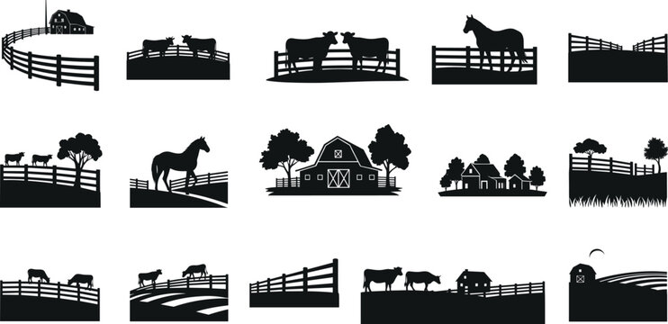 Farm landscape silhouette vector set with barns, cows, horses, fences, and trees for rural nature illustration and countryside design elements