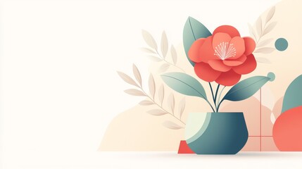 9.A series of colorful posters with a paper-cut effect, each showcasing a red Camellia flower placed in a minimalistic vase, with abstract plant forms and geometric figures in the background. The