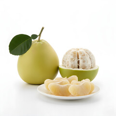 Pomelo Fruit Arrangement of whole fruit peeled segments and a half rind on a plate