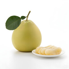 Pomelo Fruit Whole fruit with a stem and leaf next to a serving of four peeled segments