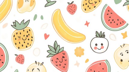 44.A delightful collection of hand-drawn, kawaii-style stickers featuring a variety of adorable fruits like smiling strawberries, cheerful bananas, juicy pineapples, and playful watermelon slices.