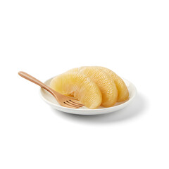 Pomelo Fruit Close up of three plump peeled segments on a white saucer with a small wooden fork