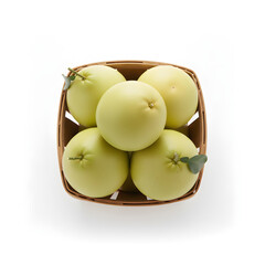 Pomelo Fruit Overhead view of five whole fruits neatly arranged in a square wooden basket