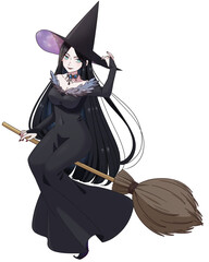 箒に乗って飛んでいる黒髪魔女