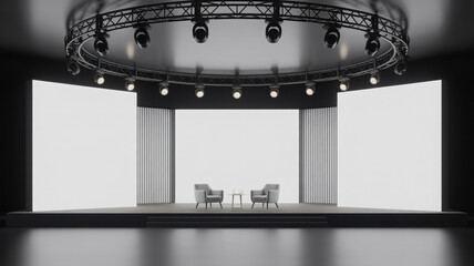Empty stage with blank screens and armchairs modern event venue for presentations and conferences 3D rendering