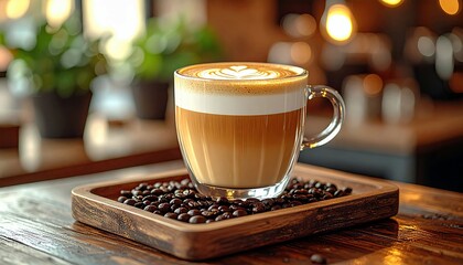 A close-up shot of a latte in a clear glass mug, adorned with latte art, resting on a wooden tray filled with coffee beans.