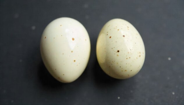 Two colorful speckled eggs side by side, representing diverse personalities uniting. High angle shot of two distinctly different speckled chicken eggs, one with bolder earthy tones and the other with