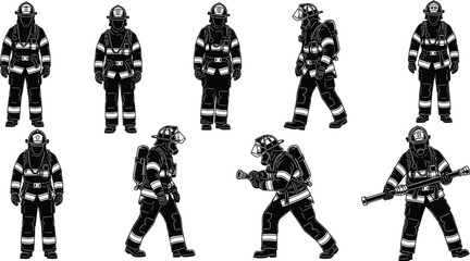 Firefighter silhouette vector illustrations – emergency firefighter poses in protective gear for safety, emergency response, firefighting, fireman, and public service design themes