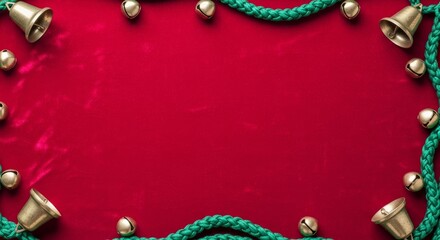 Christmas Bells Garland Border on Red Background, Festive Holiday Frame