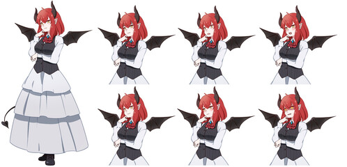 悪魔の翼と尻尾と角を持った女の子表情セット
