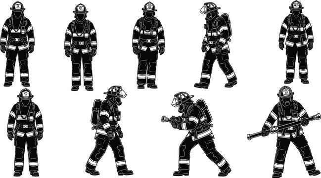 Firefighter silhouette vector illustrations &ndash; emergency firefighter poses in protective gear for safety, emergency response, firefighting, fireman, and public service design themes