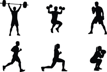 Fitness exercise silhouette set with barbell, dumbbell, boxing, running, lunges, and squat poses for workout and training design