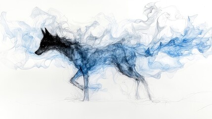 A stylized wolf-like animal formed from dark ink and wisps of blue smoke, captured mid-stride on a white canvas.