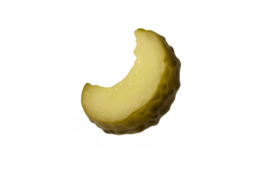 Pickle slice with a bite mark, healthy sour gherkin snack or topping, translucent background