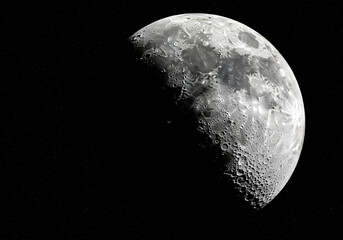 This stunning image captures the moon's textured surface, revealing the impact craters and geological formations in exquisite detail