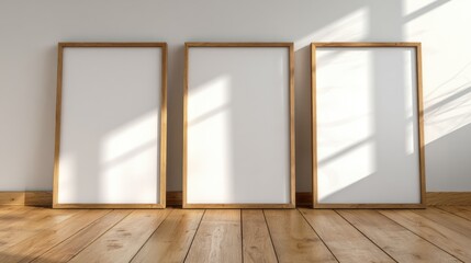 Fototapeta premium Blank Canvas Trio: An inviting composition showcases three blank picture frames, propped against a neutral wall, standing on a wood floor, inviting creative expression and visual storytelling.