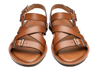 Pair of brown leather sandals isolated on transparent background, summer footwear