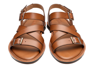 Pair of brown leather sandals isolated on transparent background, summer footwear