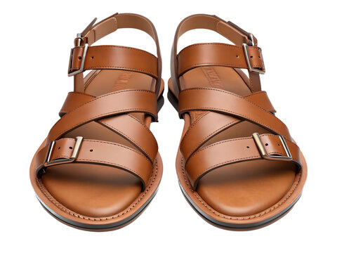 Pair of brown leather sandals isolated on transparent background, summer footwear