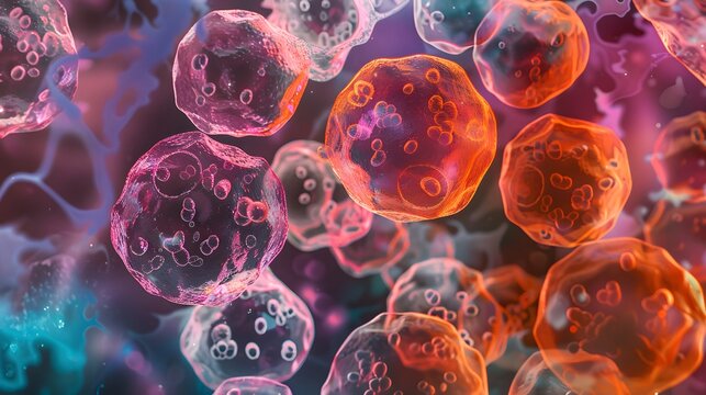 Colorful abstract micrograph of hematology cells under microscope showing scientific cellular structure