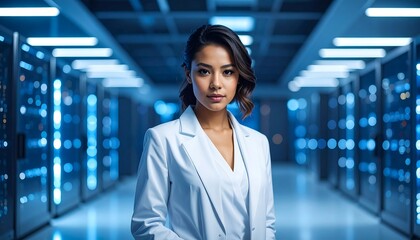 A focused, professional-looking woman in a white coat stands in a server room, amidst rows of glowing, blue-lit servers