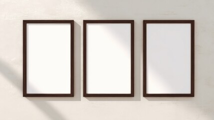 Trio of Frames: Three blank picture frames with a minimalist design, casting subtle shadows, creating a simple and elegant display of art.
