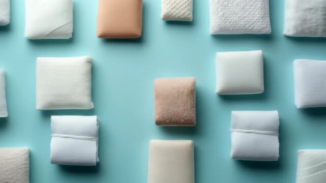 Fabric swatch assortment in neutral tones on blue background overhead view