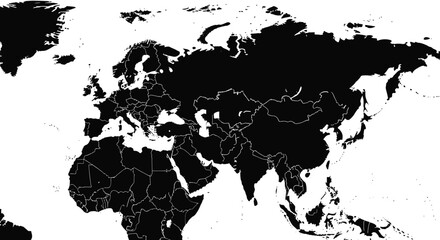 Fototapeta premium Detailed black and white political map highlighting countries across Europe, Asia, and Africa, with landmasses in black and oceans in white.