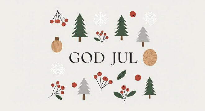 Festive God Jul Illustration with Christmas Trees and Berries.