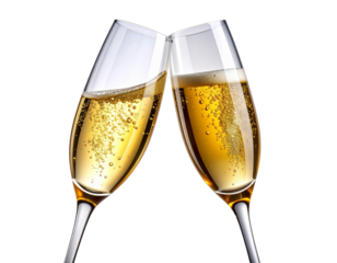 Champagne Flutes Clinking Together in Mid-Toast, Golden Bubbles Rising, Isolated on Transparent Background